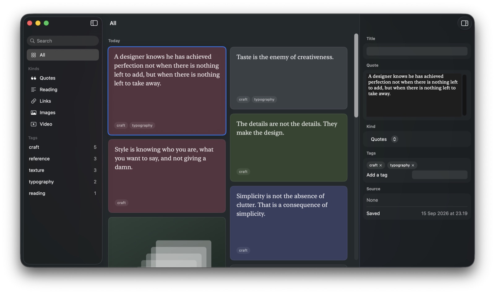 The Inscra window with the inspector open on the right, editing a selected quote's title, kind, tags and source.