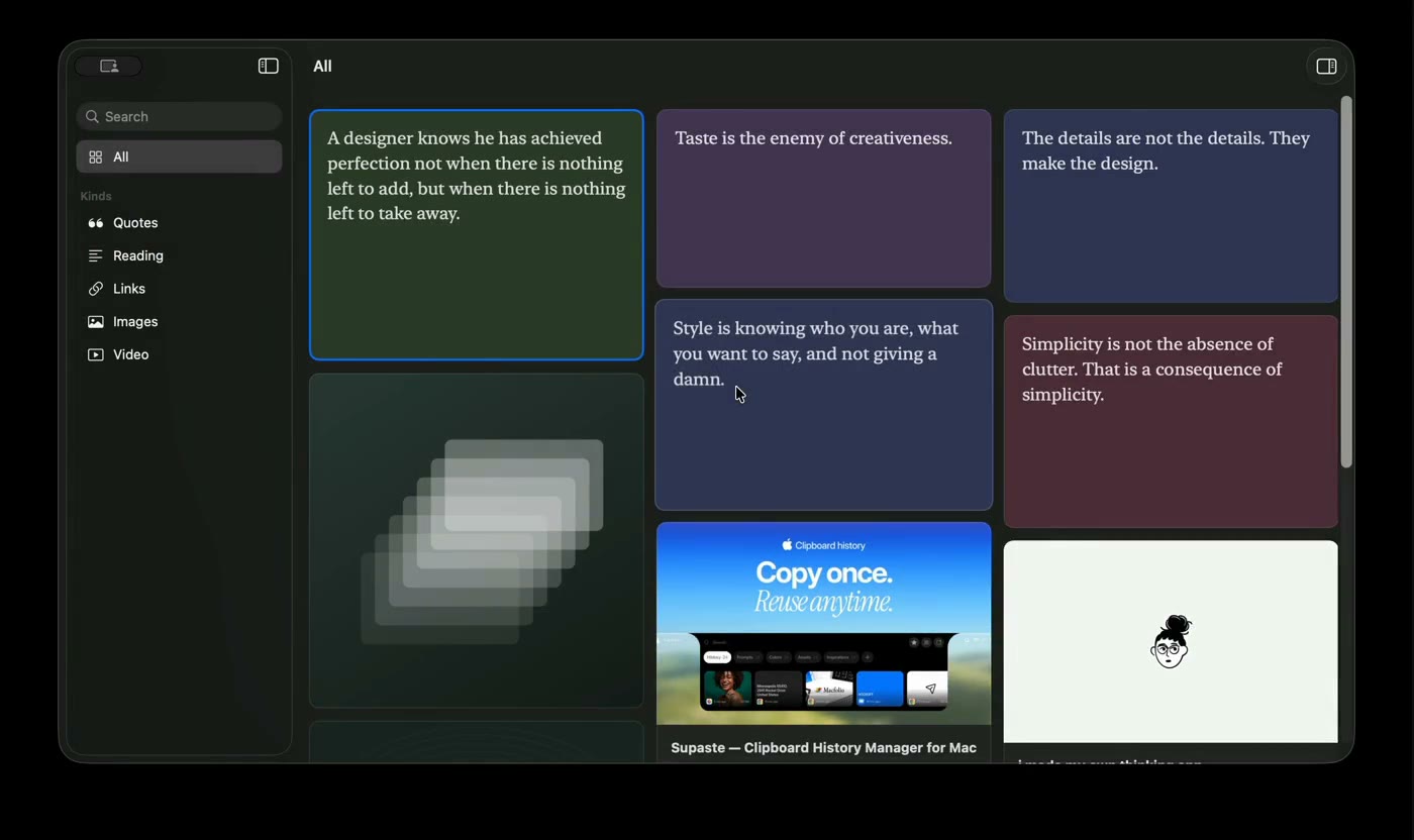 The Inscra grid, showing saved quotes and links as cards of different heights.
